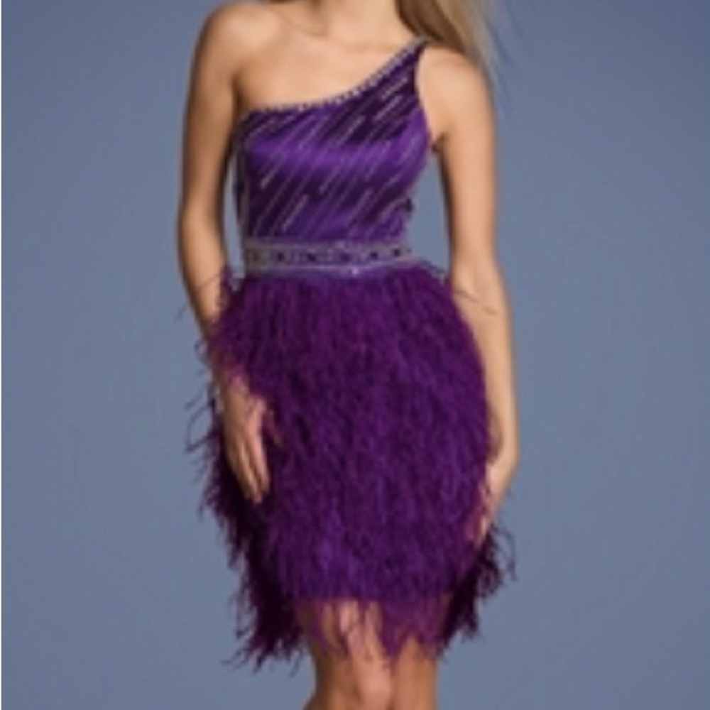 Dave and Johnny style 6813. One shoulder satin dress with a feathered bo…